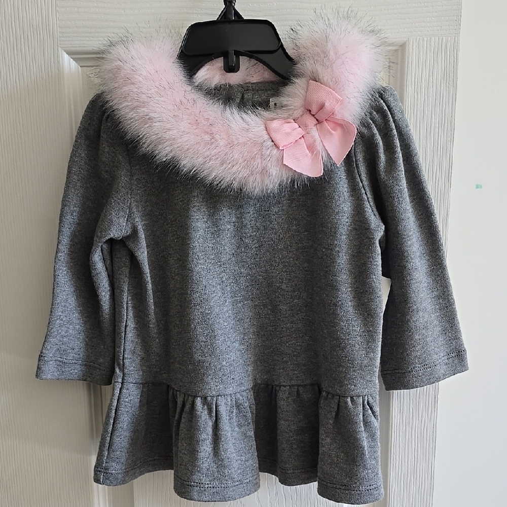 Janie And Jack Gray Dress with Pink Fur Collar and Bow